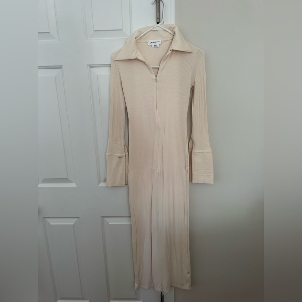 The Line by K Cream Zip-Front Long Sleeve Collared Dress